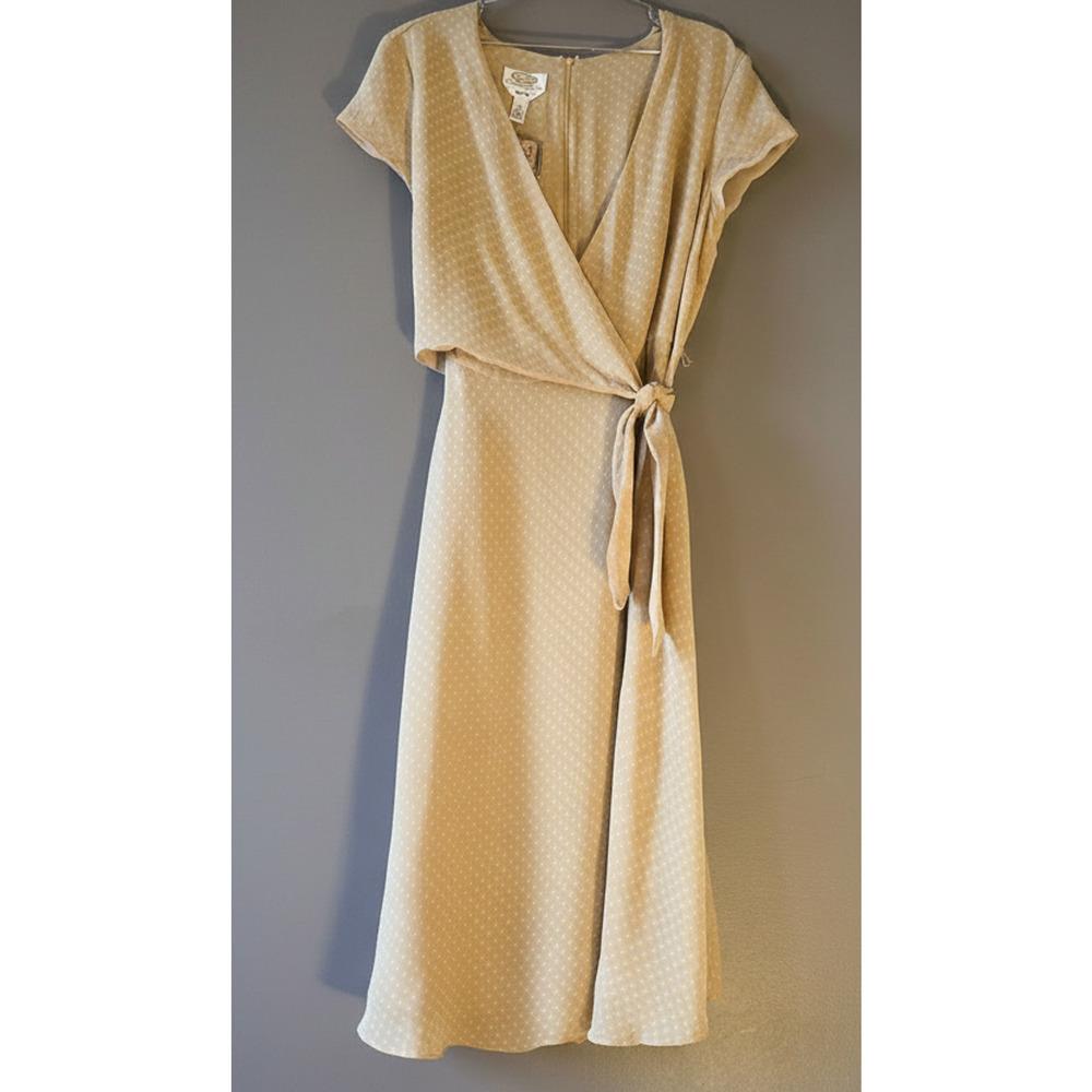 Cream White Polka Dot Silk Talbots Wrap Midi Dress, Size Large